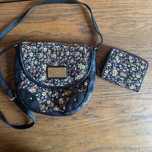 Mango MNG ditsy Daisy corduroy Black Floral Crossbody Bag‎ and Wallet purse